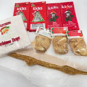 Vintage Christmas Decor Lot Tinsel Icicles Gold Angel Hair Glitter Santa Drape